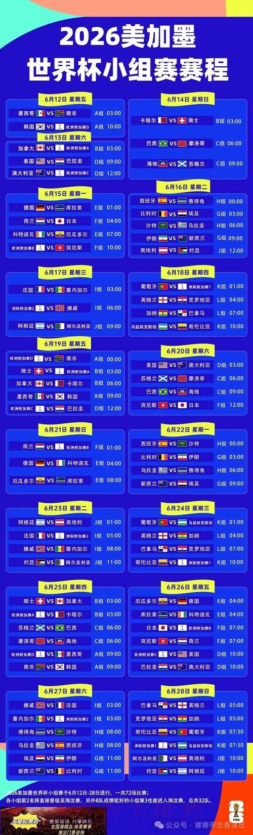 2026世界杯每日赛程高清版比赛时间表免费观看